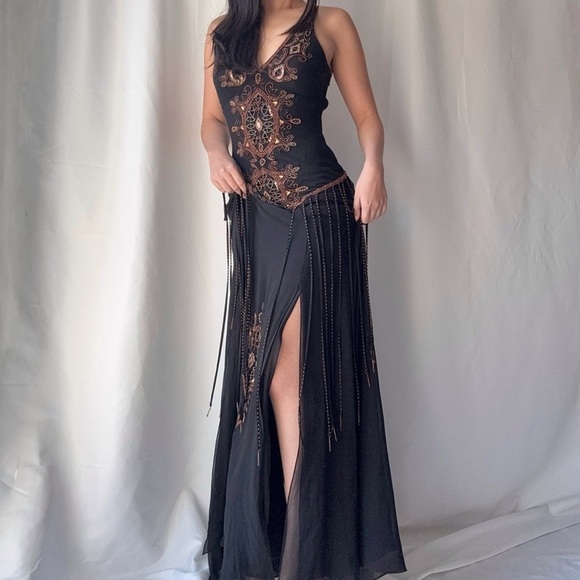 EUC Cache Silk Beaded Maxi Dress | Size 4 | Black Bronze Boho - Picture 5 of 14